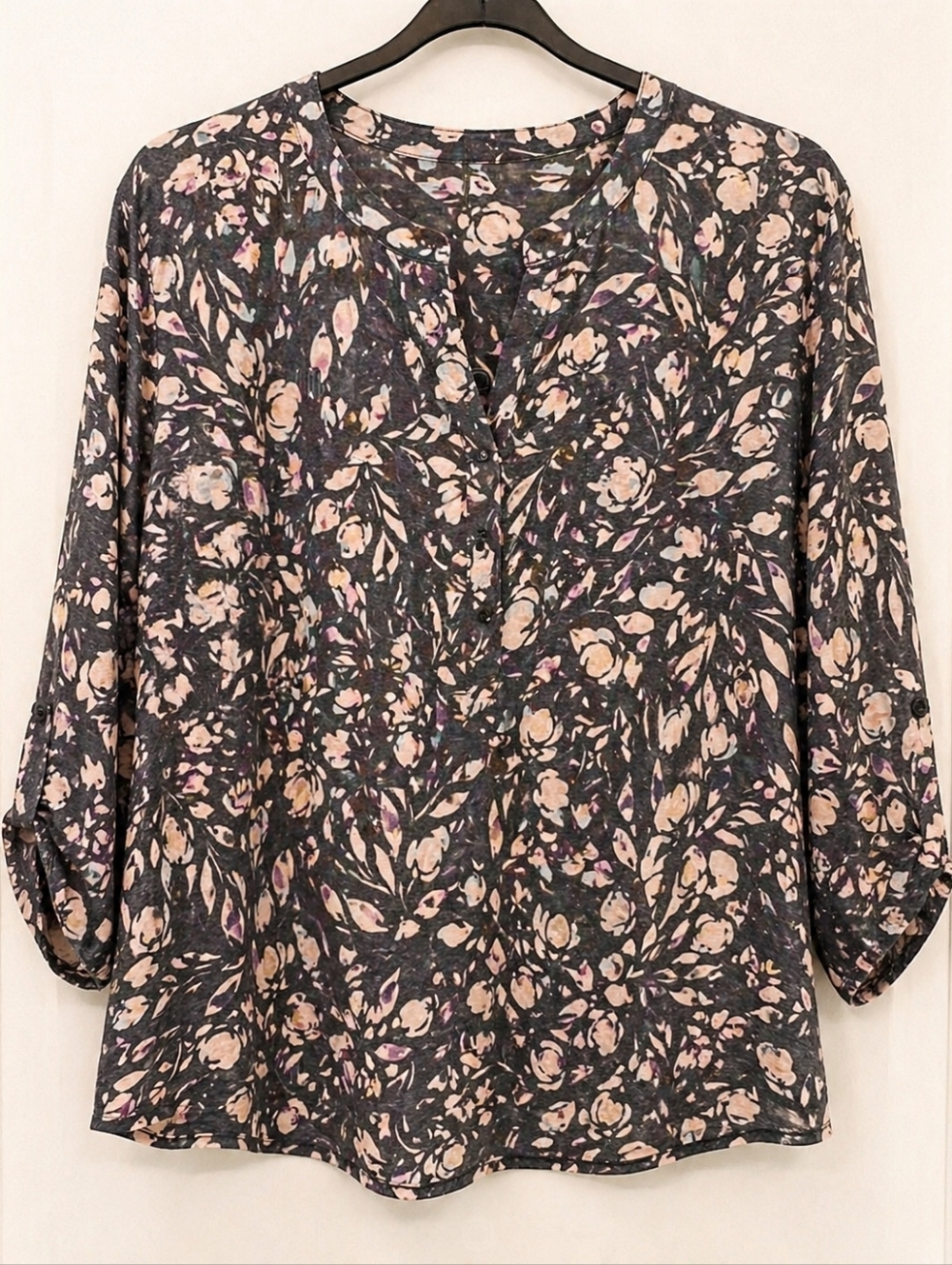 Zac & Rachel Floral Lace Sleeve Blouse Size L Boho Work Top Blue Pink